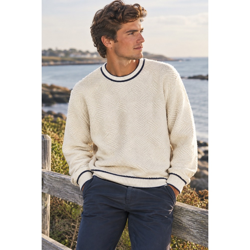 Vintage Cape Isle Knitters Men Cream Navy Nautical Chevron Knit Sweater XL